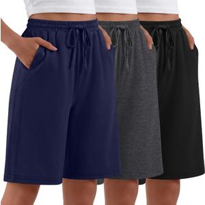 Evervibe 3 Pack Women's Bermuda Shorts Summer Drawstring Elastic Waisted Comfy Casual Sweat Long Shorts (Black, XL)