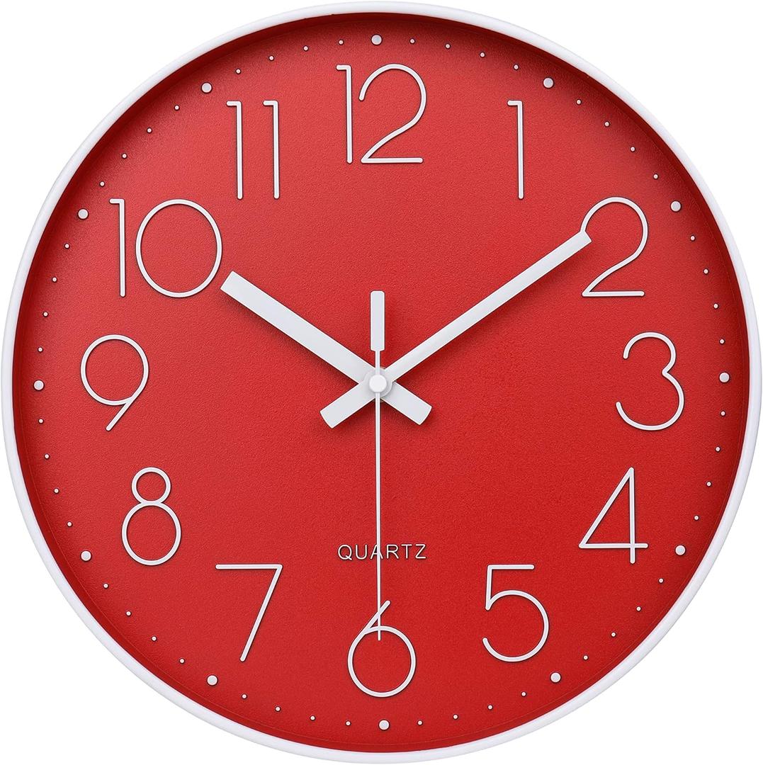 Red Wall Clock 12 Inch Silent Non-Ticking Battery Operated Quality Quartz Round Wall Clock Modern Decor Clock for Home Bedroom