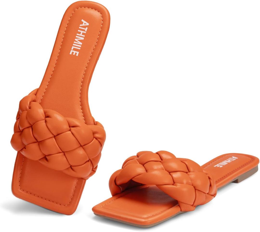 ATHMILE Braided Womens Sandals 2026 Square Open Toe Fashion Slide Sandals Women Dressy Summer Flat Beach Size 10