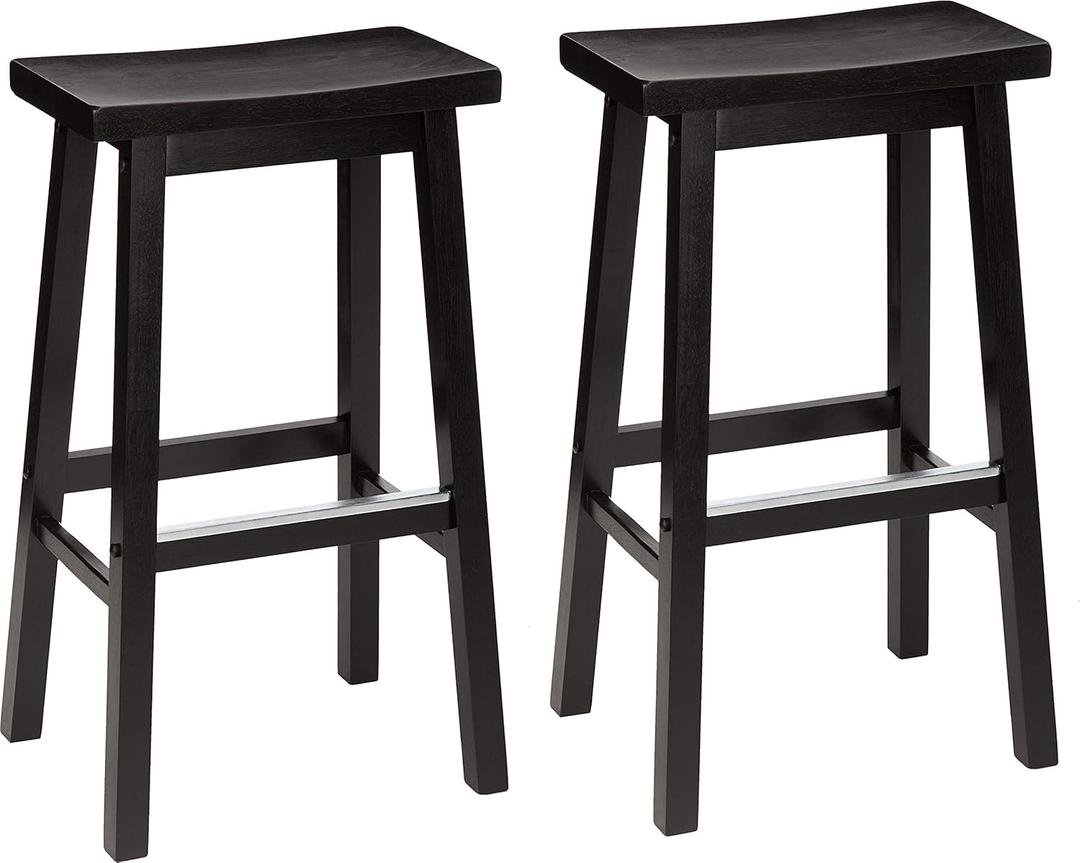 Amazon Basics Solid Wood Saddle-Seat Kitchen Counter Barstool with Footrest, Easy Assembly - 29-Inch Height - Black - Set of 2