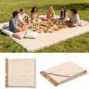 Extra Large Picnic Blanket 91"×71", Oversize Beach Woven Cotton Picnic Blankets Machine Washable, Sandproof Portable for Family Camping Beach Travel (Beige)