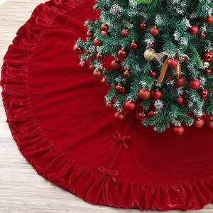 84inch Extra Large Ruffled Christmas Tree Skirt Red Luxury Velvet Tree Skirts with Ruffle Border Plush Xmas Trees Mat with Lace Ties for Indoor Outdoor Home Christmas Winter Holiday Party Decorations
