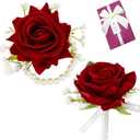SITUMEIZI 2Pcs Red Rose Corsage and Boutonniere Set Corsage Wristlet Band Bracelet for Prom Decor and Boutonniere for Men Wedding Flowers Accessories Party Suit Ceremony Decoration with Gifts Box