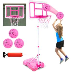 Kids Basketball Hoop with Stand, Adjustable Height 3.5FT-6.2FT Toddler Basketball Hoop, Basketball Goal Outdoor Indoor Toys for Girls Age 3 4 5 6 7 8 Years Old Gifts(Pink)