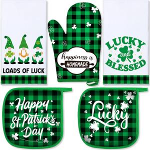 Rtteri 5 Pcs St. Patrick's Day Kitchen Towels Pot Holders and Oven Mitts Set Shamrocks Mittens Oven Glove Potholders Green and Black Buffalo Plaid Kitchen Towels for Irish Farmhouse Decor Accessories