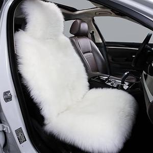 Fluffy Sheepskin Car Seat Cover, Fuzzy Long Wool Front Auto Cushion, Universal Fits Most Vehicle SUV Truck Minivan, Airbag Compatible (Ivory)
