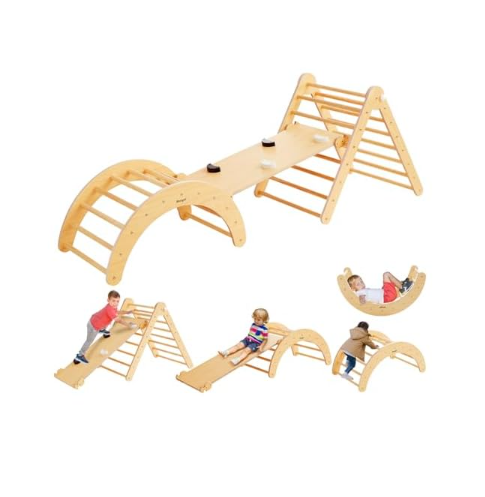 Beright 5 In1 Pikler Triangle Gym, Foldable Climbing Triangle Ladder Toys with Ramp, Indoor Climbing Toys for Kids, Play Gym, Arch Climber, Rocker, Learning Waldorf Children Toy Structure, Rainbow