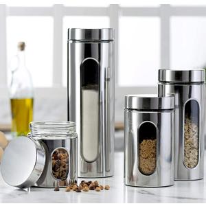 Quality 4pc Stainless Steel Canister Set for Kitchen Counter with Glass Window & Airtight Lids, Food Storage Containers, Pantry Storage & Organization Set for Coffee, Flour, Pasta, Rice, Spices, Herbs