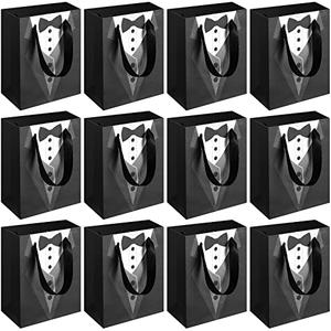 Sinmoe 24 Pieces 7 Inches Groomsmen Gift Bags Tuxedo Treat Bags Wedding Party Favor Black Tie Shirt Pattern Paper Present Wraps for Wedding Father's Birthday Anniversary Goodies Treats