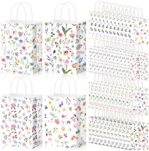 Gilprop 48 Pcs Spring Wildflower Paper Gift Bags Floral Candy Goodie Treat Bags Flower Party Favor Bag with Handle for Mother's Day Birthday Party Bridal Shower Wedding Gift Wrapping Supplies