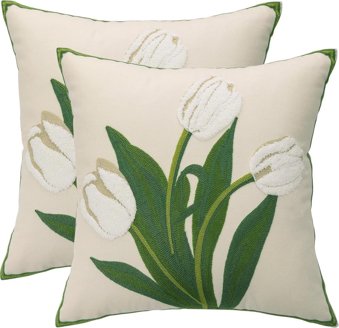 Embroidery Throw Pillow Covers 18x18 inch Pack of 2 Beige and White Tulip Flower Pillowcases Spring Pillow Covers for Couch Cotton Canvas Cushion Cover Square Farmhouse Floral Decor Pillow Case
