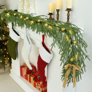 YoleShy 6FT Real Touch Norfolk Pine Garland Christmas Garland with Bell Battery Operated Prelit Garlands Christmas Decorations for Mantle Fireplace Xmas Garland Home Decor