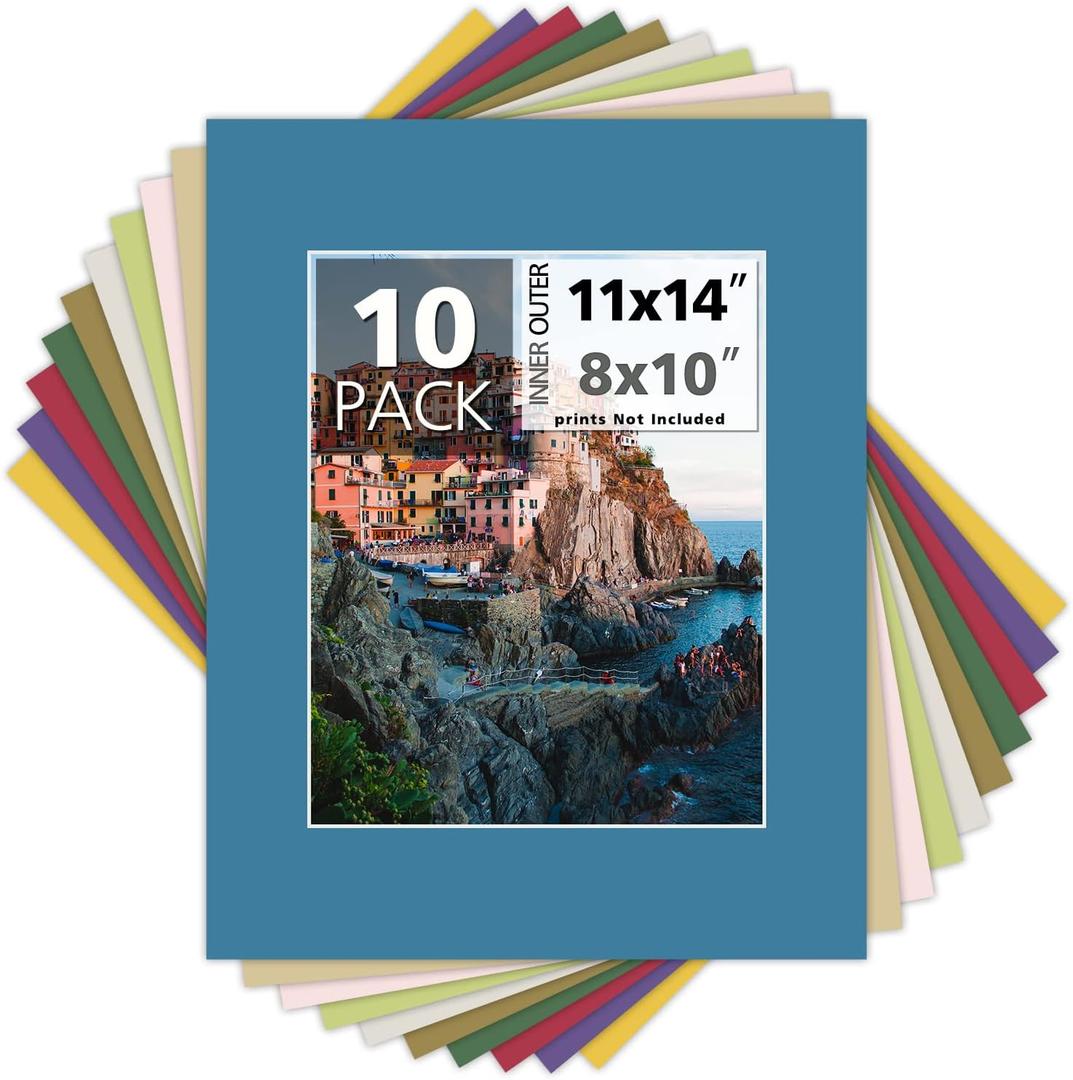 Mat Board Center, Pack of 10 11x14 Mixed Colors White Core Picture Mats for 8x10 Pictures
