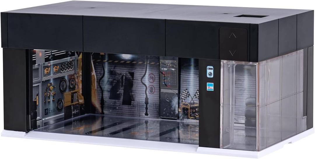 1/64 Scale Die-cast Car Display Case for Hot Wheels, with LED Lights and Voice Control, Model Car Display Eectric Garage Diorama Parking Lot for 1:64 Mini Toy Cars Display and Storage (Black)