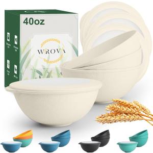 Wrova Wheat Straw Bowls with Lids Set of 4, Unbreakable Cereal Bowls 40oz, Microwavable Salad Container for Lunch Alternative to Plastic Bowl, Dishwasher Safe Bowl for Kitchen & Outdoor-Beige