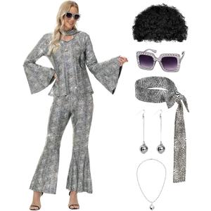 70s Disco Costume for Women - 1970s Disco Outfit with Wig, Earrings, glasses, Necklace, Headband, Sequin Top & Bell Bottoms (X-Large, Silver)