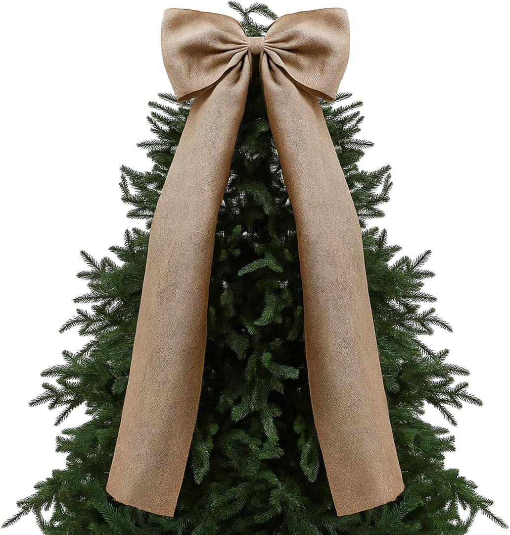 20 x 47 Inches Extra Large Christmas Burlap Bow Giant Christmas Tree Topper Bow Decoration with Long Streamers Ribbon Rustic Wall Decor for Home Xmas Holiday Birthday Wedding Party Decor