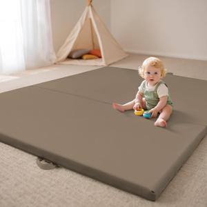 Foldable Baby Play Mats for Floor Vegan Leather 1.5 Inch Extra Thick Foam Play Mat for Kids for Playpen,Wipe-Clean Waterproof, Travel with Storage Bag, Crawling Mats for Toddlers&Infants, Brown