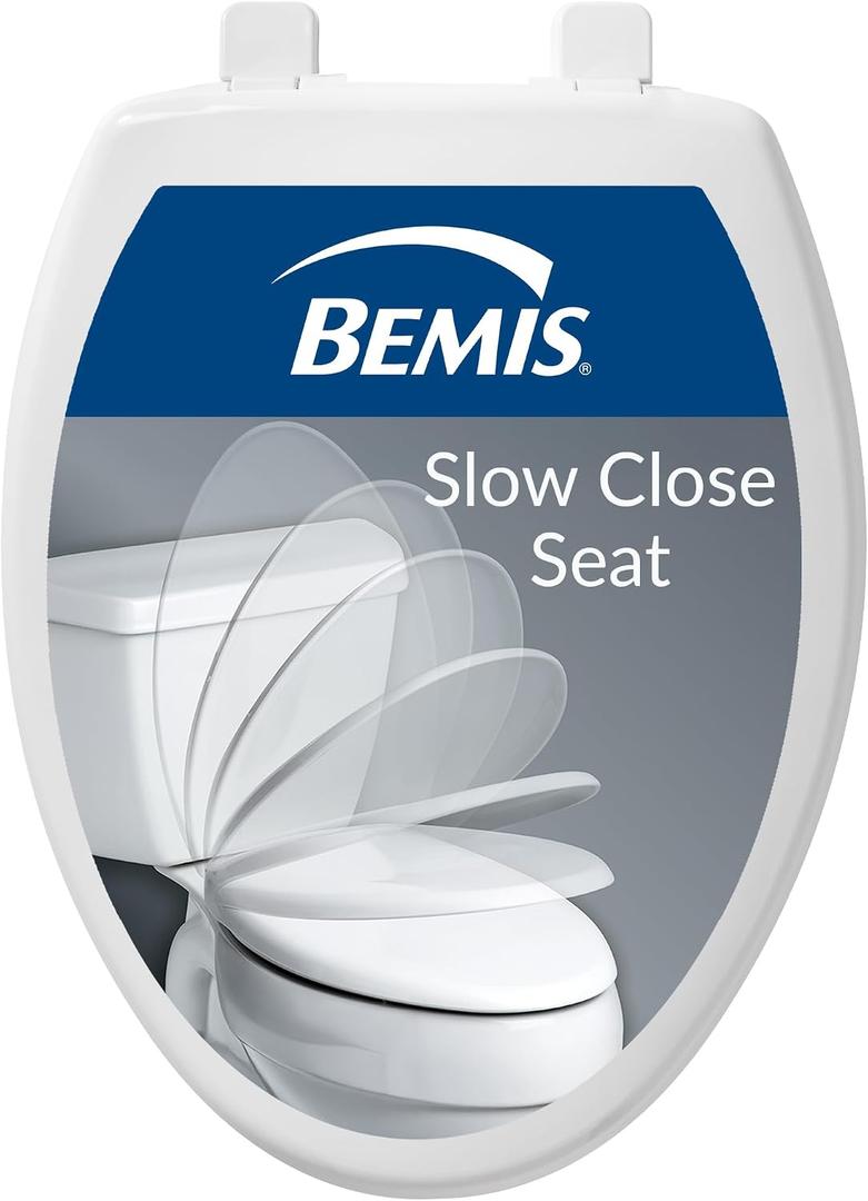 Bemis 7300SL Slow Close Toilet Seat, Hinges Never Loosen, Durable Plastic, Made in USA, Elongated, White