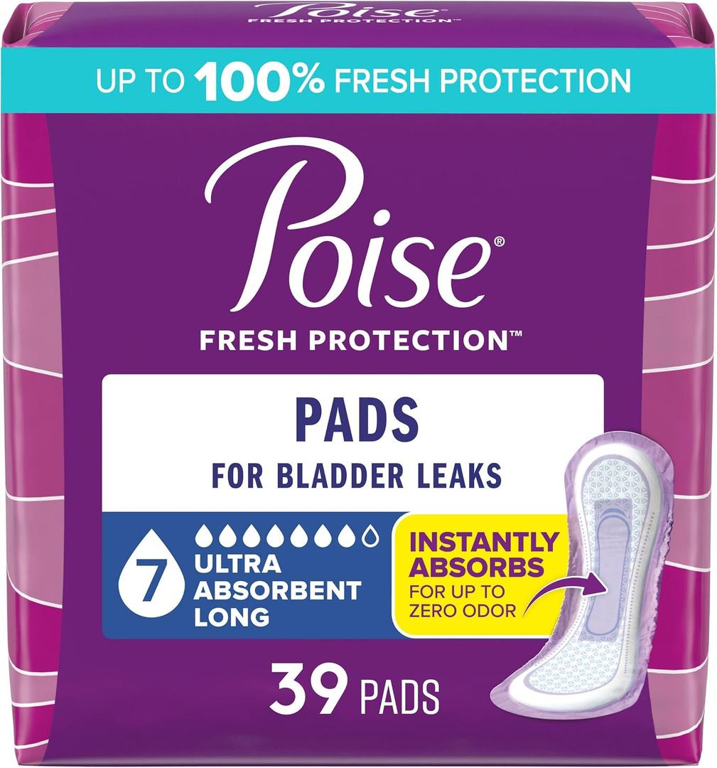 Poise Incontinence & Postpartum Pads for Bladder Leaks, 7 Drop Ultra Absorbency, Long Length, 39 Count