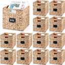 Jinei 12 Pcs Wicker Storage Basket Bulk, 10 x 10 x 10 Inch Handwoven Hyacinth Folding Cube Bin with Handles Labels for Shelves Pantry Laundry Organization