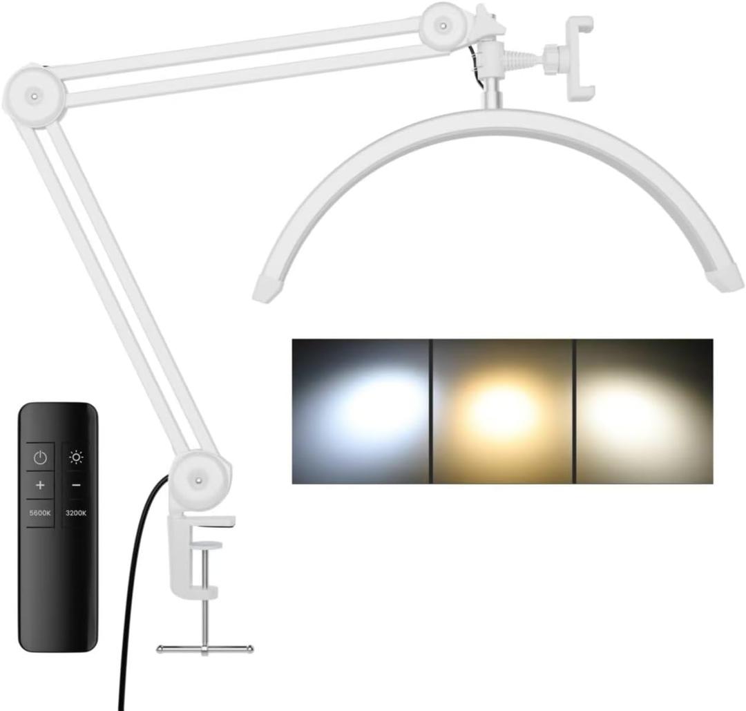 3000 Lm Adjustable LED Half Moon Light with Clamp & Task Lamp - Bright, Dimmable Lighting for Office, Crafts, Nails &Salon, Remote Control (CCTWhite)