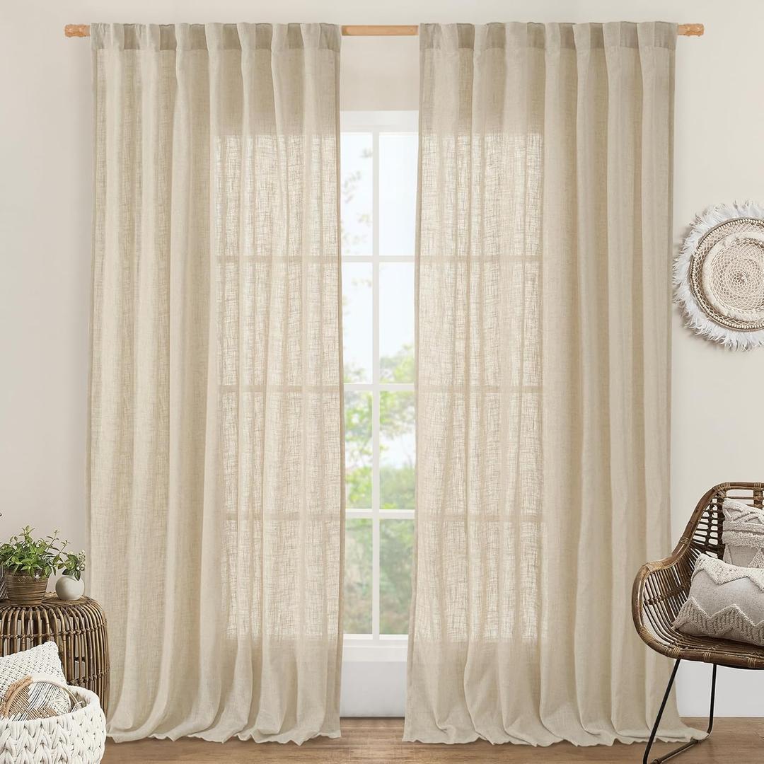 LAMIT Extra Wide Linen Curtains for Bedroom, Natural Light Filtering Faux Linen Textured Panels Semi Sheer Back Tab and Rod Pocket Boho Drapes for Living Room/Farmhouse, 2 Panels, Linen, 60 x 84 Inch