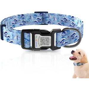 AmxminaID Dog Collar for Large Dogs,Dog Collar with QR Code Name Tag,Soft Polyester Material, Adjustable Pet ID Tag Collar (Blue Wave, Large) 2 Pack