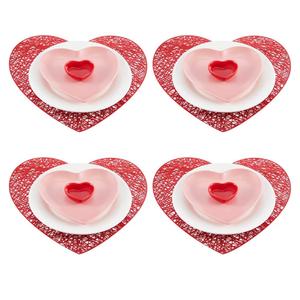 Jinei 16 Pcs Valentine‘s Day Tableware Set Include Large Pink Heart Ceramic Flat Plates White Dinner Ceramic Plates Red Heart Dish Bowls and Place Mats for Wedding Anniversary Party Decorations