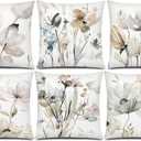 COMMINY Brown White Grey Pillow Covers 18x18 Set of 6 Flower Throw Pillow Cover for Couch Modern Decorative Watercolor Floral Cushion Cover for Sofa Bedroom Living Room Farmhouse Home Decor