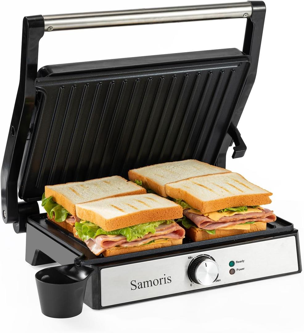 Samoris Panini Press Grill Indoor Sandwich Maker with Temperature Setting,4 Slice Non-stick Coated Plates Versatile Grill, Opens 180 Degrees,Indicator Light, Locking Lid,Easy to Storage 1600W