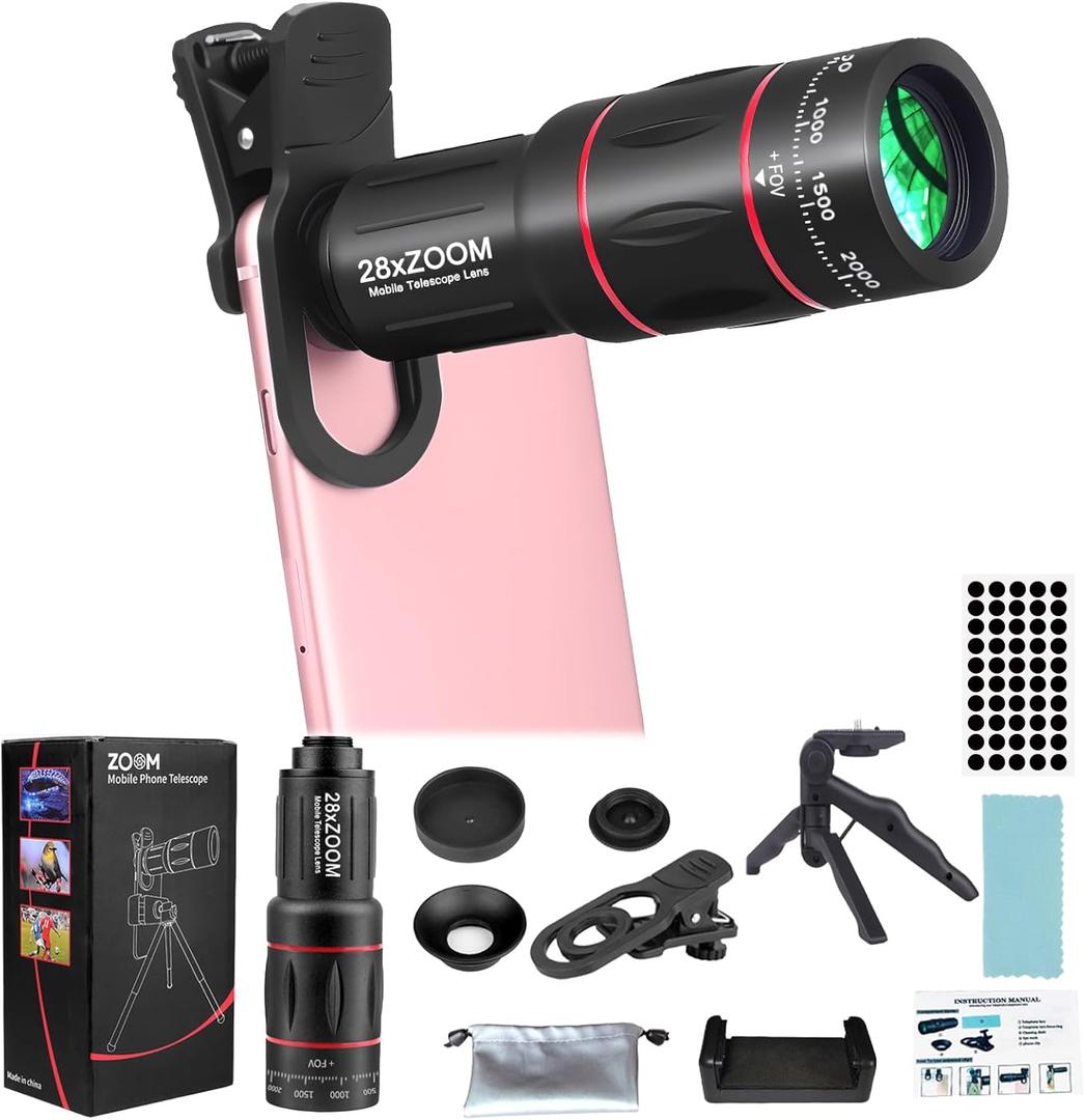 Telephoto Lens Attachment Kit for iPhone and Android Phone Camera Lens with Tripod Clip, 28X HD for Easy Use and Stunning Shots for Views Beyond 3 Metres