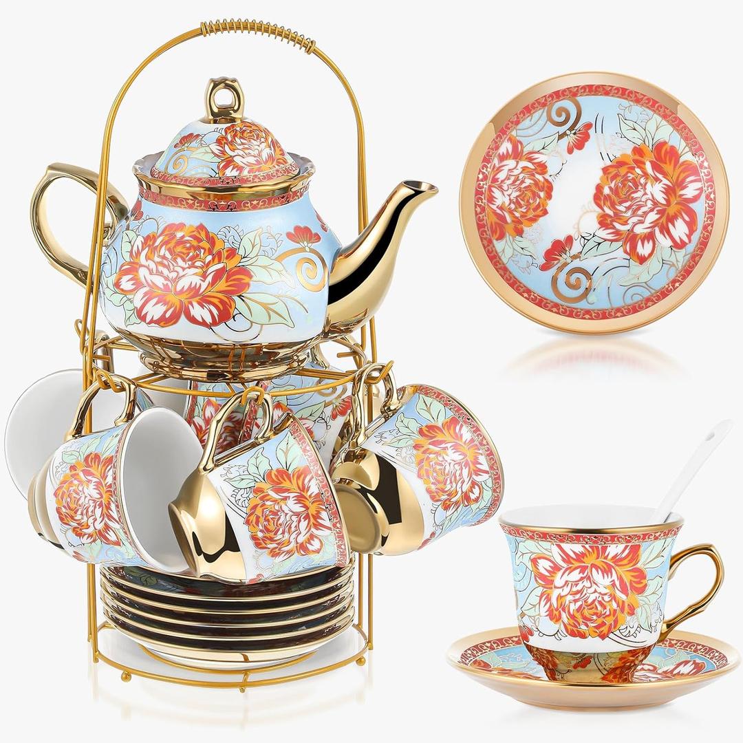 Zhehao Porcelain Tea Set with Metal Holder and Spoon Adult Ceramic Tea Set European Flower Painting Teapot Cup Saucer Spoon for Women Mom Gift, Large Version(Retro Style,20 Pcs)