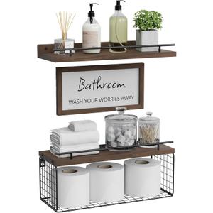WOPITUES Floating Shelves for Wall Decor Sign, Bathroom Organizers and Storage, Bathroom Shelves Over Toilet with Metal Guardrail-Rustic Brown