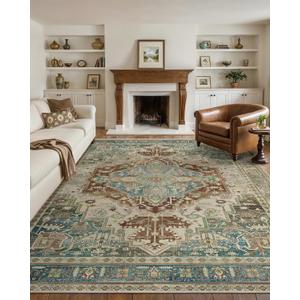 GENIMO 8X10 Area Rugs for Living Room, Machine Washable Vintage Floor Cover Foldable Modern Non Slip Rug, Low Pile Soft Indoor Carpet Floral Print Mat Rug,Bedroom/Dining Room/Home Office,Sage Green