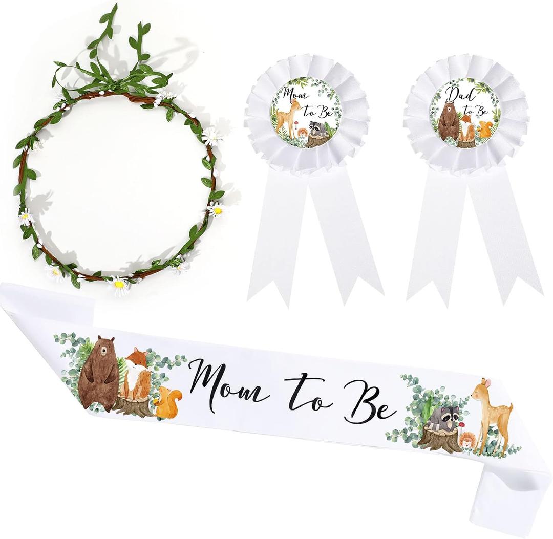Xinnun 4 Pieces Mom to Be Sash Baby Shower Decor for Mommy and Dad Corsage Pin with Flowers Crown for Party Gender Reveal(White,Woodland Animal)
