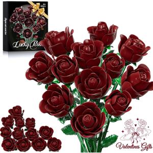 Burgundy Red Rose Bouquet Building Set for Girls & Boys - 12 Pack Botanical Collection Gift for Easter Basket Artificial Flowers Botanical Collection Centerpiece Retro Decor