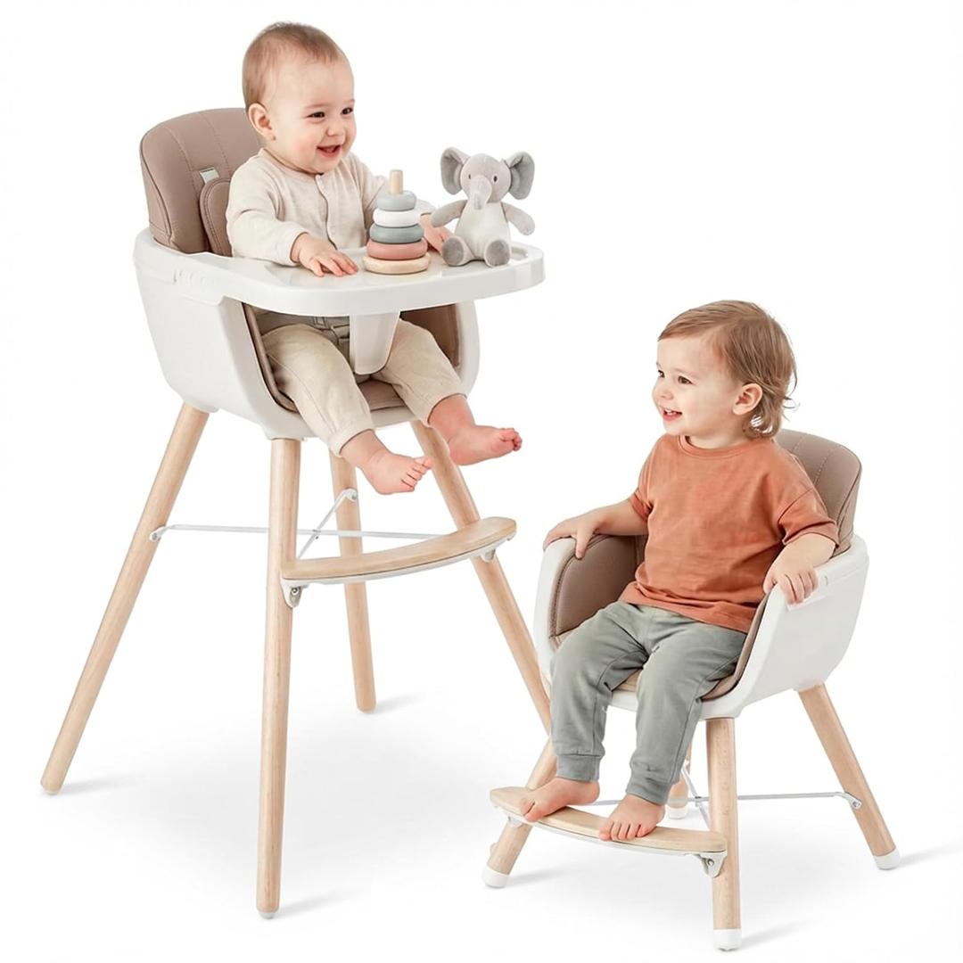 Mallify 3-in-1 Wooden High Chair, Convertible High Chairs for Babies and Toddlers, Baby Highchair with Adjustable Legs & Dishwasher-Safe Tray, Sleek Hardwood & Premium PU Cushion, Brown