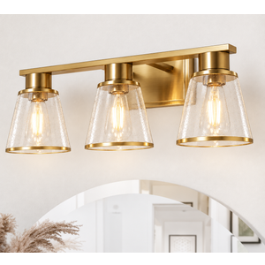 3-Light Brushed Brass Bathroom Vanity Lights, Gold Bathroom Light Fixtures Over Mirror with Glass Shade, 22in Modern Wall Sconces for Bath Mirror Bedroom Hallway, E26 Base (Bulbs Not Included)