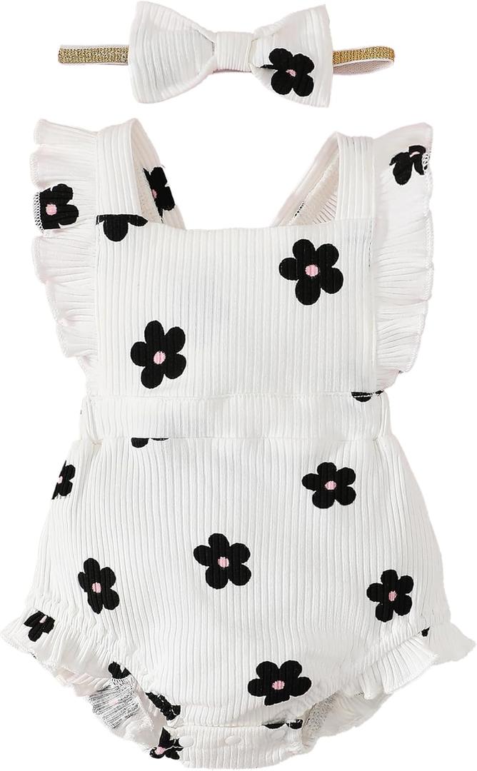 Fullfamous Baby Girl Ruffled Jumpsuit and Headband Set (12-18 Months, Daisy)