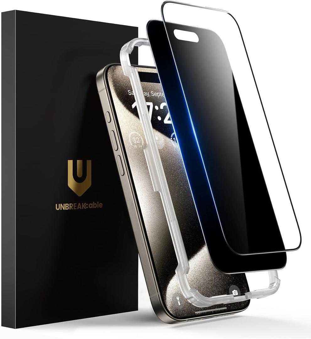 UNBREAKcable 2PCS Screen Protector for iPhone 15 Pro Max - 1 Privacy Tempered Glass+1 Clear Glass Double Shatterproof [Installation Frame] [9H Hardness] [Case Friendly] Anti-Scratch iPhone 6.7 inch