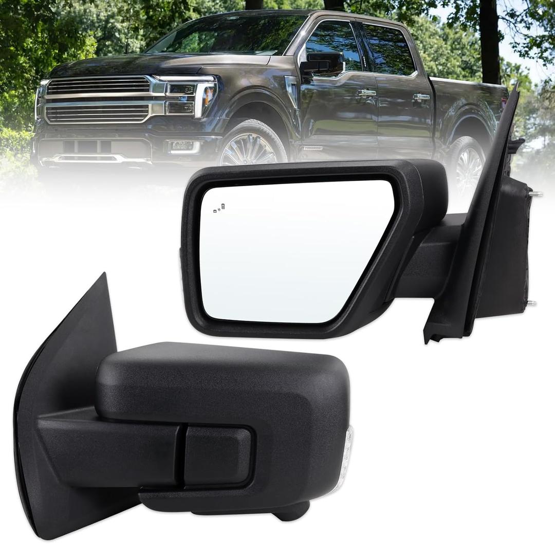 Left Driver Side Mirror Compatible With 2021-2026 Ford F150 With Manual Folding Power Glass Heated Blind Spot Turn Signal Light Matte Black Replace#ML3Z17683TA (9Pins)