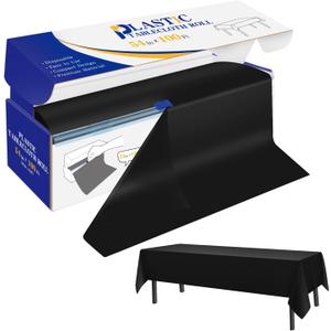 Plastic Table Cover Roll Black Disposable Table Cloth 54 in x 100 Ft, Plastic Table Cloths with Slide Cutter Table Cover for Parties