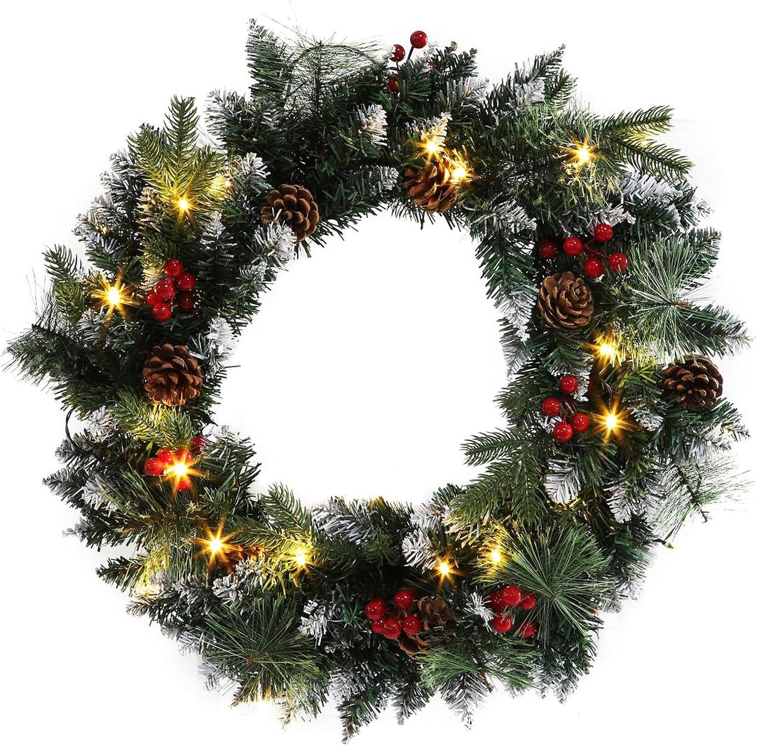 23 Inch Christmas Wreath Green Artificial Christmas Wreath with Clear LED Lights Decorated with Pine Cones, Berry Clusters and Frosted Twigs for Outdoor, Indoor Walls, Table Tops, Home Decor