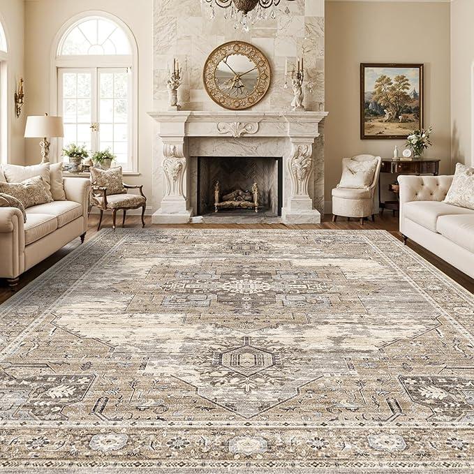 RUUGME Living Room 10x14 Area Rugs - Washable Lightweight Area Rug Stain Resistant Carpet Vintage Soft Rugs for Bedroom with Non Slip Backing Indoor Ultra-Thin Rugs Home Decor 10ftx14ft Beige