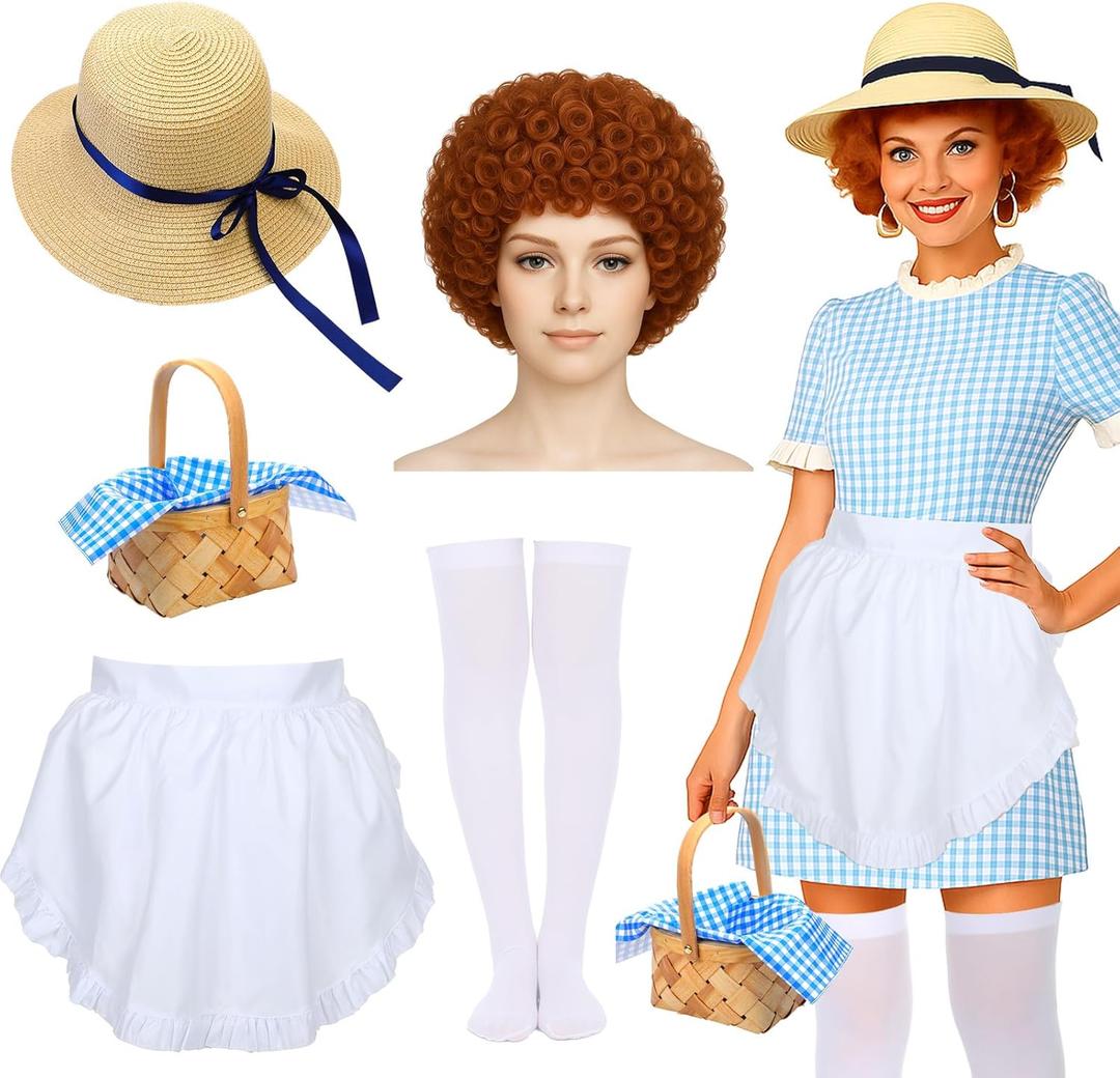 Mepase 6 Pcs Halloween Snack Cake Costume Women Food Costume Accessories Include Curly Hair Wig Apron Straw Hat Woven Basket Socks for Adults Cosplay Dress up Party