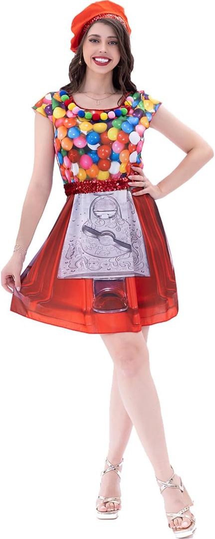 Gumball Machine Costume for Women,Red Dress with Hat,Funny Cosplay Outfits for Halloween Dress Up Party (Large)