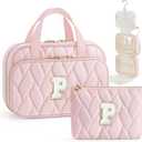 YOOLIFE Hanging Toiletry Bag for Women - Travel Toiletry Bag Makeup Bag, Portable Toiletries Cosmetic Bag, Airplane Travel Essentials - Letter P, Pink