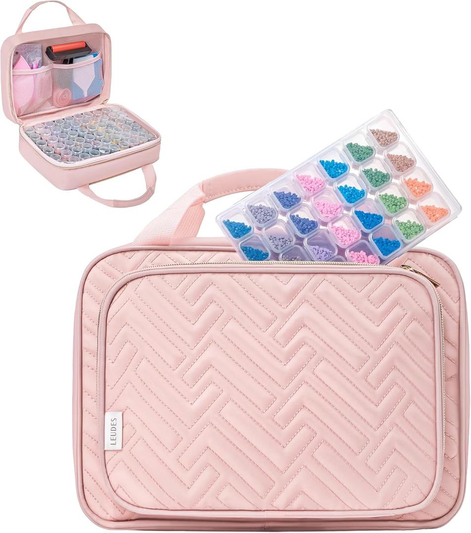 Leudes Diamond Painting Storage Containers, 60 Slots Bead Storage Box for Diamond Art Kits Accessories Organizer Case (Only Bottles and Bag) (Pink-2(60 Jars))