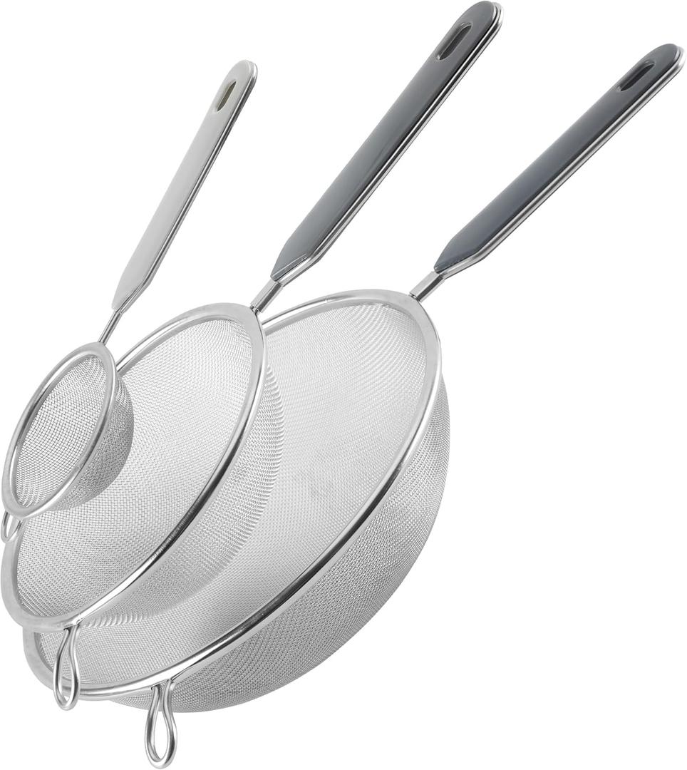 Cook With Color Set of 3 Fine Mesh Strainer, Colander, Sieve, Kitchen Sifter, Skimmer, Stainless Steel Strainer, Small Strainer, Medium and Large Mesh Strainer with Plastic Handles (Grey) (Gray)